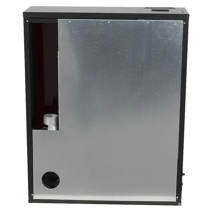 Pelletofen Tessa - 8,8 kW, Raumheizvermögen: 300 m³, 0,94 kg/h - 1,98 kg/h, Farbe Verkleidung: Bordeaux - Detailansicht eines Ofens mit metallener Rückwand, Abgasrohr und Luftzufuhr. Präzise Konstruktion für effiziente Heizleistung.
