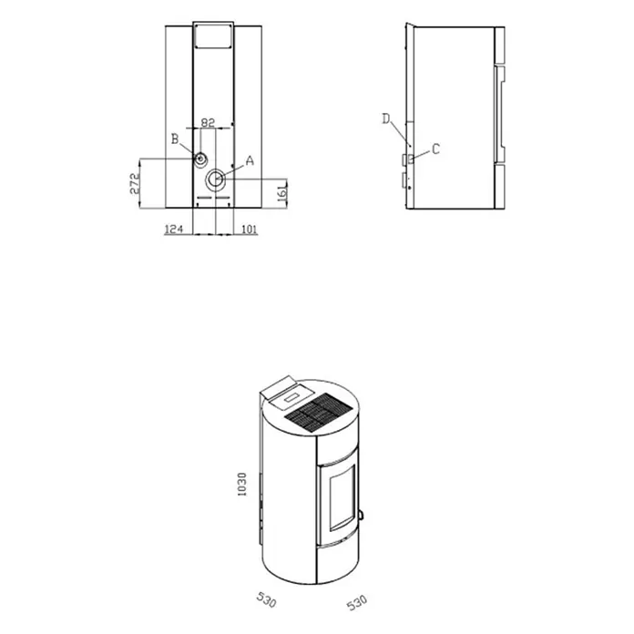 Pelletofen Angelina - 8,9 kW, Raumheizvermögen: 250 m³, 0,73 kg/h - 1,96 kg/h, Farbe Verkleidung: Weiß - Schematische Darstellung eines Pelletofens mit Maßen und Details zur Konstruktion.