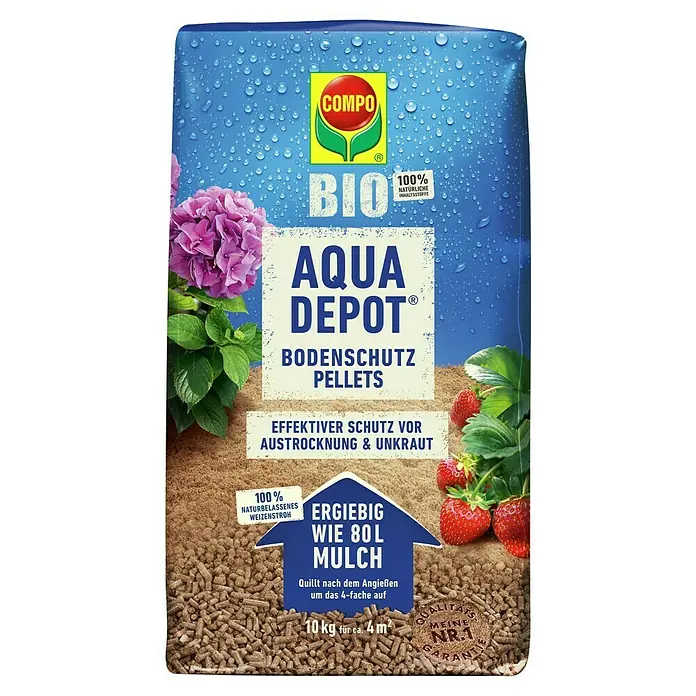 Compo Wasserspeicher Aqua Depot - 20 l, Max. Anwendungsfläche: 4 m² - COMPO BIO Aqua Depot Bodenschutz Pellets-Packung, ideal für den effektiven Schutz vor Austrocknung und Unkraut im Garten.