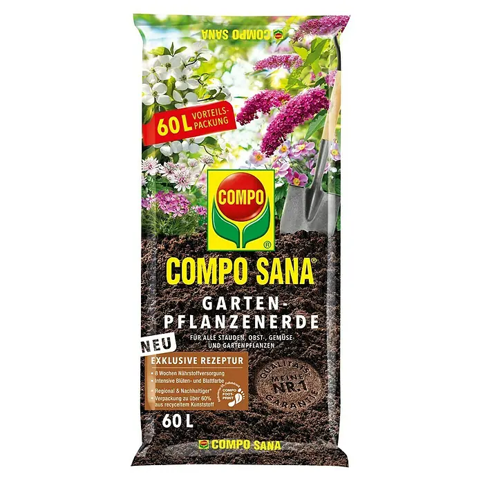 Compo Sana Zimmerpflanzenerde - 60 l - Abbildung einer 60-Liter-Packung Compo Sana Gartenerde, ideal für Stauden, Obst, Gemüse und Gartenpflanzen.