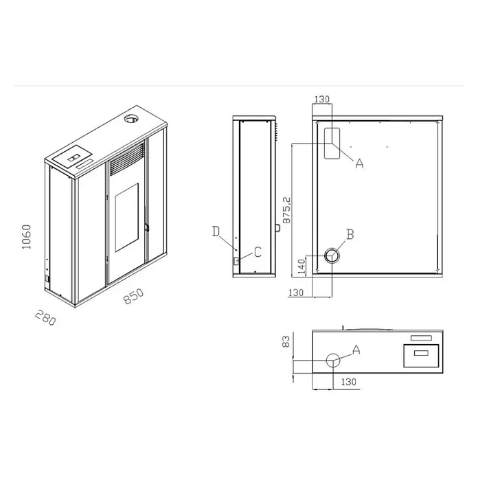 Pelletofen Tessa - 8,8 kW, Raumheizvermögen: 300 m³, 0,94 kg/h - 1,98 kg/h, Farbe Verkleidung: Weiß - Darstellung eines Pelletofens mit Maßangaben, der seine kompakte Bauweise und präzisen Dimensionen hervorhebt.