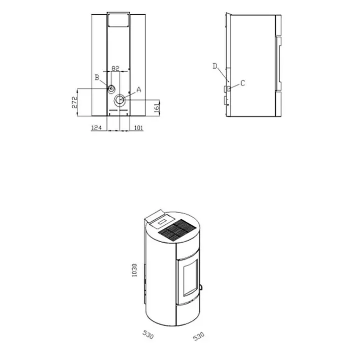 Pelletofen Angelina - 11,4 kW, Raumheizvermögen: 320 m³, 0,73 kg/h - 2,5 kg/h, Farbe Verkleidung: Weiß - Technische Zeichnung eines Pelletofens mit Maßangaben zu Höhe, Breite und Positionen der Anschlüsse.