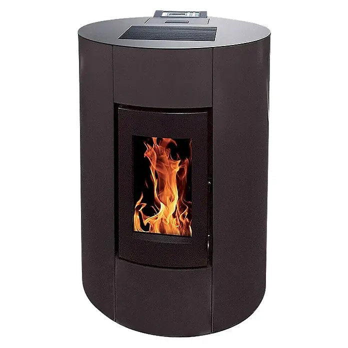 Pelletofen Aurelia - 11,4 kW, Raumheizvermögen: 320 m³, 0,73 kg/h - 2,5 kg/h, Farbe Verkleidung: Schwarz - Pellet-Kaminofen mit Flammen. Der Ofen hat ein schwarzes Gehäuse und ein Bedienfeld oben. Er sorgt für Wärme und Atmosphäre im Raum.