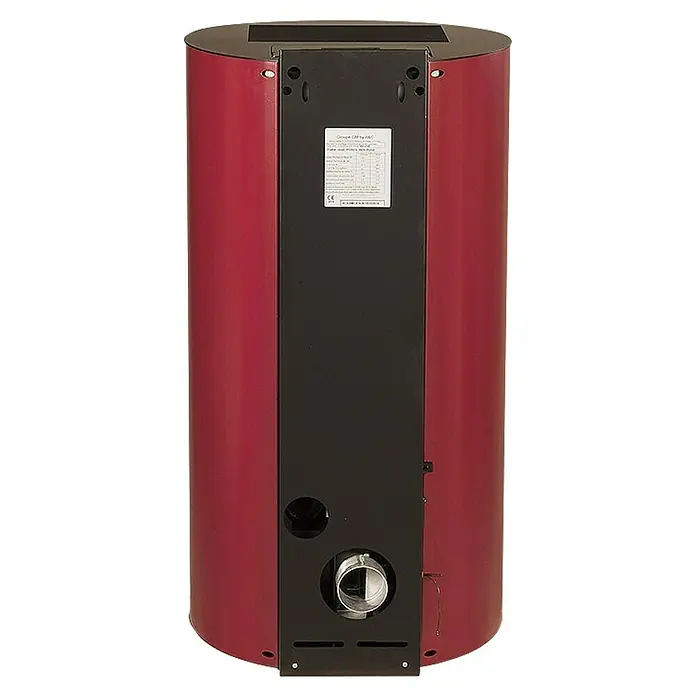 Pelletofen Angelina - 11,4 kW, Raumheizvermögen: 320 m³, 0,73 kg/h - 2,5 kg/h, Farbe Verkleidung: Bordeaux - Rückansicht des rot-schwarzen ABC Kaminofens, der moderne Wärme und Stil für Ihr Zuhause bietet.