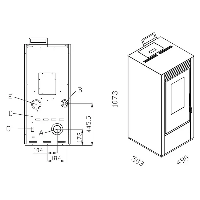 Pelletofen Marina 14 - 12,1 kW, Raumheizvermögen: 340 m³, Farbe Verkleidung: Bordeaux - Schema des Pelletofens mit Abmessungen, Rückansicht und 3D-Ansicht.