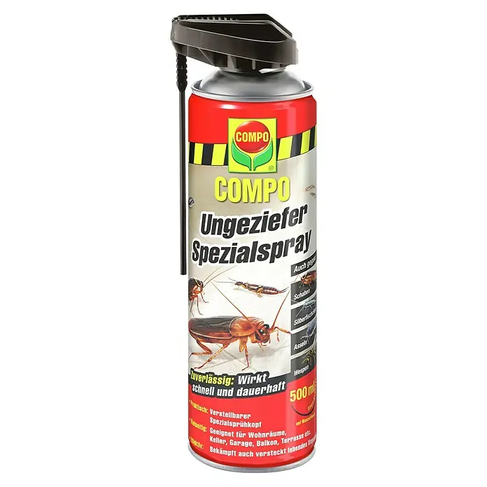 Compo Ungezieferspray Spezial - 500 ml - Abbildung einer Dose COMPO Ungeziefer Spezial Spray zur Bekämpfung von Ungeziefer, mit Abbildungen von Schaben, Silberfischen, Asseln und Wespen.