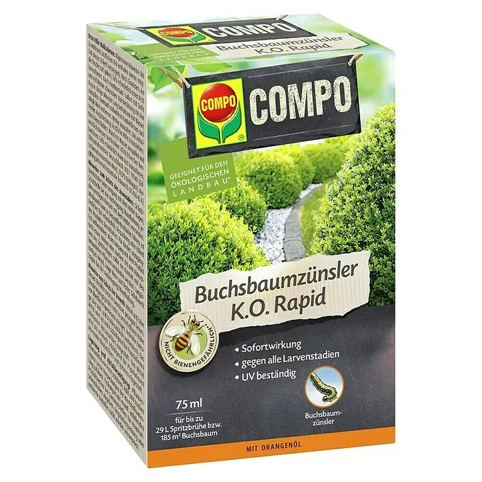 Compo Insektenvernichter Buchsbaumzünsler K.O. RAPID - 75 ml - COMPO Buchsbaumzünsler K.O. Rapid: Effektives Mittel gegen Buchsbaumzünsler mit Sofortwirkung, UV-beständig und bienenungefährlich.