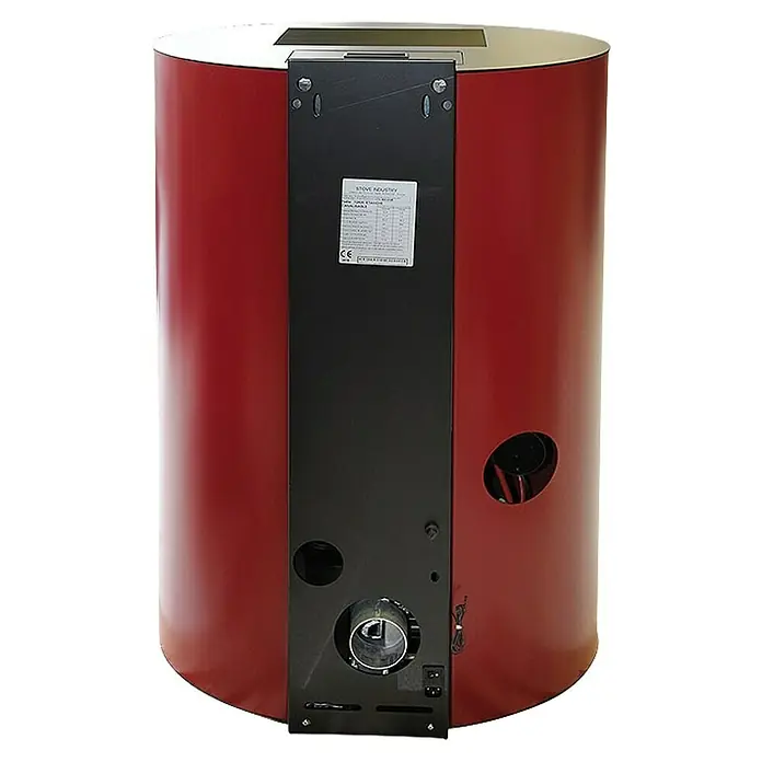 Pelletofen Aurelia - 11,4 kW, Raumheizvermögen: 320 m³, 0,73 kg/h - 2,5 kg/h, Farbe Verkleidung: Bordeaux - Rückansicht eines roten Pelletofens mit schwarzer Rückwand, die Anschlüsse und ein Typenschild zeigt.
