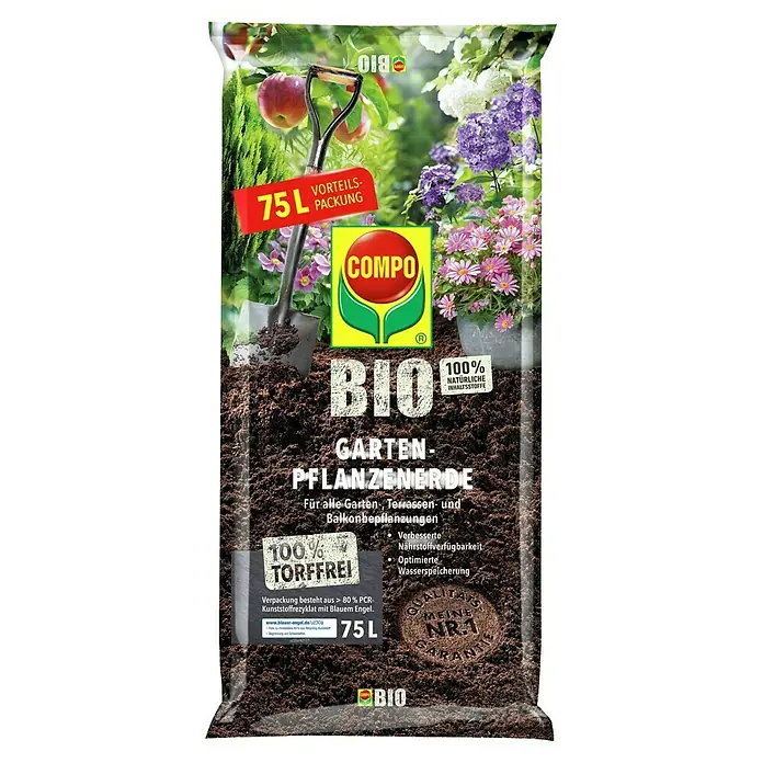 Compo Zimmerpflanzenerde Garten - 75 l - COMPO BIO Garten-Pflanzerde im 75-Liter-Vorteilspack, torffrei und mit natürlichen Inhaltsstoffen für Garten, Terrasse und Balkon.