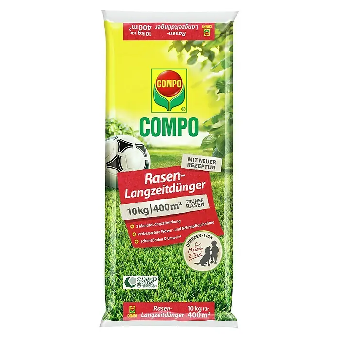 Compo Langzeitdünger Rasen - 10 kg, Max. Anwendungsfläche: 400 m² - Rasen-Langzeitdünger von COMPO, 10kg für 400m². Sorgt für einen grünen Rasen und ist unbedenklich für Mensch und Tier.