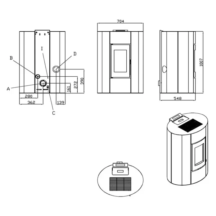 Pelletofen Aurelia - 11,4 kW, Raumheizvermögen: 320 m³, 0,73 kg/h - 2,5 kg/h, Farbe Verkleidung: Schwarz - Technische Zeichnung eines Pelletofens mit Maßangaben und verschiedenen Ansichten zur detaillierten Produktansicht.
