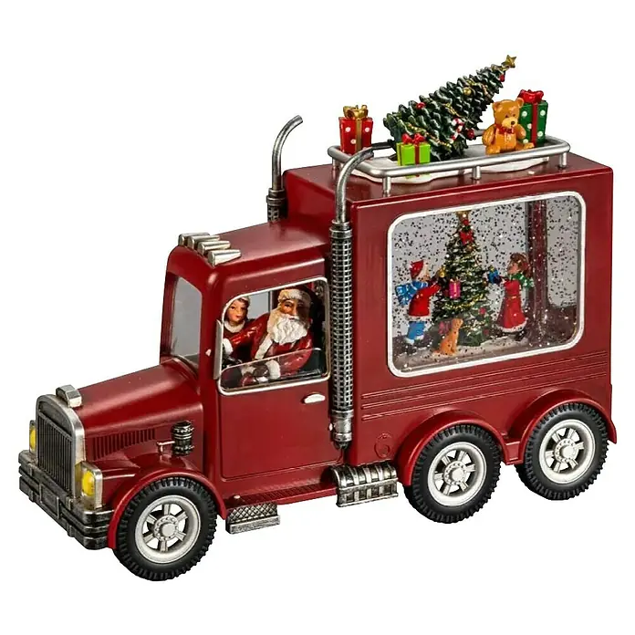 Konstsmide LED-Weihnachtsdekofigur LKW - 28 x 9,7 x 21,5 cm, Rot, Batteriebetrieben, LED - Eine festliche, rote Spieluhr in Form eines Trucks mit Weihnachtsmann, Elfe, Schneekugel und Baum auf dem Dach.