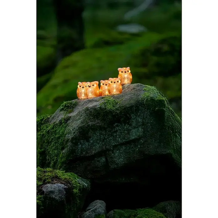Konstsmide LED-Dekofigur - Außen, Lichtfarbe: Warmweiß, Anzahl Leuchtmittel: 40 Stk., Netzbetrieben - Bild von leuchtenden Eulenfiguren auf einem moosbedeckten Felsen, die ein warmes Licht in einer grünen Umgebung verbreiten.