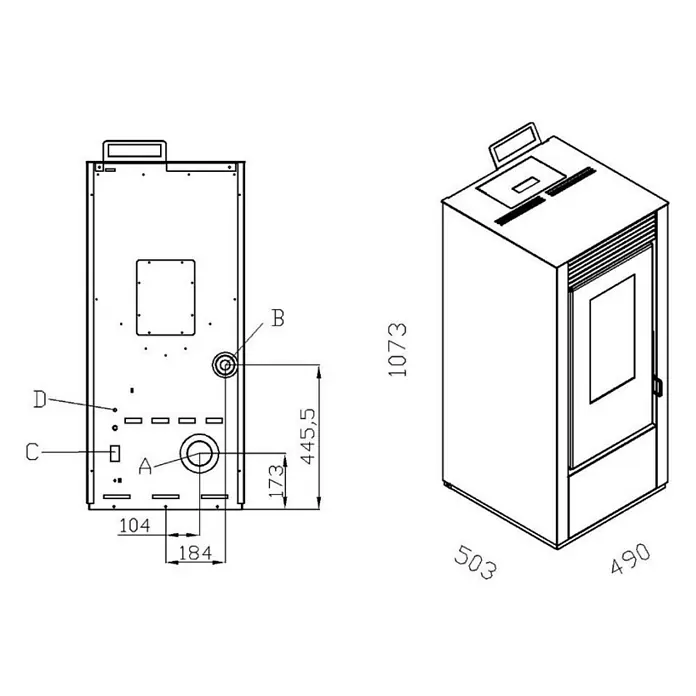 Pelletofen Marina 11 - 10 kW, Raumheizvermögen: 310 m³, 0,72 kg/h - 2,23 kg/h, Farbe Verkleidung: Weiß - Abbildung einer technischen Zeichnung eines Pelletofens mit verschiedenen Maßangaben für Design und Konstruktion.