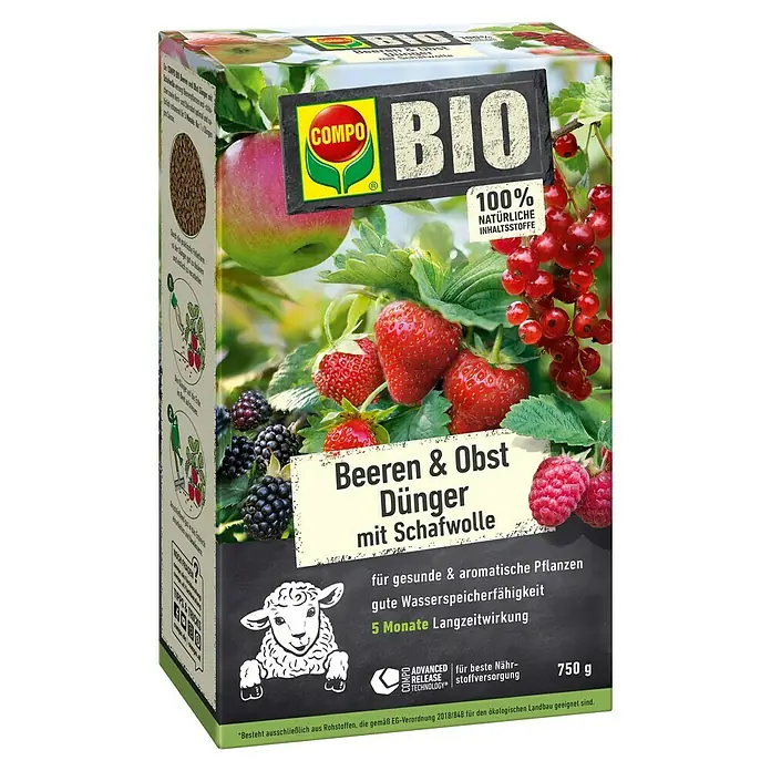 Compo Bio-Schafwolldünger Beeren & Obst - 0,75 kg, Beeren - Produktbild von COMPO BIO Beeren & Obst Dünger mit Schafwolle, 750 g Packung für gesunde und aromatische Pflanzen.