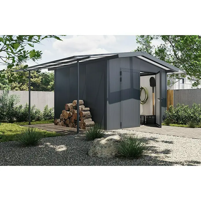 Wismar-NFI Gerätehaus Marguerite 34 - Außenmaß inkl. Dachüberstand (B x T): 505 x 485 cm, Stahl, Anthrazit/Weiß - Eine moderne, graue Gartenlaube mit Holzscheiten daneben, die eine stilvolle und funktionale Ergänzung für jeden Garten darstellt.