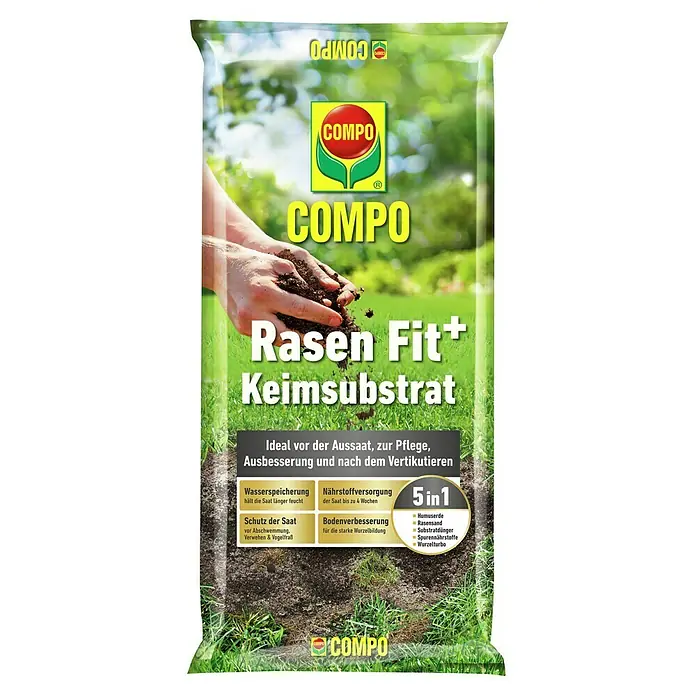 Compo Pflanzensubstrat Rasen Fit+ - 20 l - COMPO Rasen Fit+ Keimsubstrat: Ideale Rasenerde für Aussaat, Pflege und Reparatur. Fördert Keimung und Wurzelbildung für einen dichten Rasen.