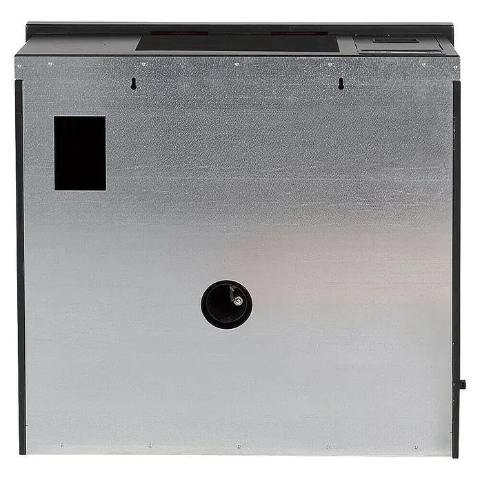 Pelletofen Natalia - 8 kW, Raumheizvermögen: 220 m³, 0,53 kg/h - 1,8 kg/h, Farbe Verkleidung: Schwarz - Rückansicht eines Dunstabzugshaube aus Metall mit Öffnungen für Installation und Belüftung.