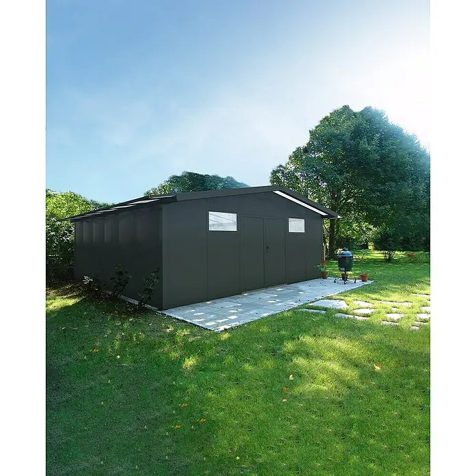 Wismar-NFI Gerätehaus Pisselint 66 - Außenmaß inkl. Dachüberstand (B x T): 685 x 685 cm, Stahl, Anthrazit/Weiß - Eine geräumige, dunkelgraue Metallgartenhütte mit Doppeltüren und Fenstern, ideal für die Gartenaufbewahrung.