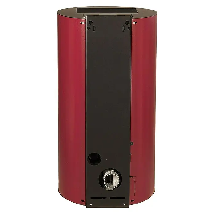 Pelletofen Paola 12 - 11,4 kW, Raumheizvermögen: 320 m³, 0,73 kg/h - 2,5 kg/h, Farbe Verkleidung: Bordeaux - Rückansicht eines Pelletofens in Rot und Schwarz. Ein Metallrohr ist sichtbar, das zur Wärmeableitung dient, was die Funktionalität des Ofens unterstreicht.