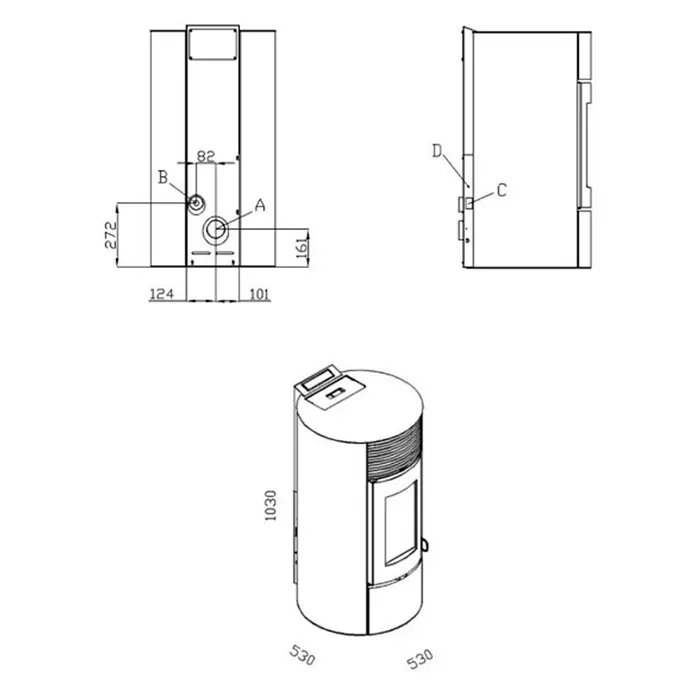 Pelletofen Paola 12 - 11,4 kW, Raumheizvermögen: 320 m³, 0,73 kg/h - 2,5 kg/h, Farbe Verkleidung: Schwarz - Technische Zeichnung eines Pelletofens mit den Maßen 1030 mm Höhe und 530 mm Durchmesser. Detailansichten mit genauen Abmessungen der Anschlüsse.