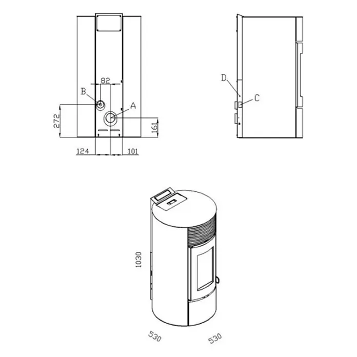 Pelletofen Paola 12 - 11,4 kW, Raumheizvermögen: 320 m³, 0,73 kg/h - 2,5 kg/h, Farbe Verkleidung: Weiß - Produktdiagramm eines Pelletöfen mit den Maßen 530 x 530 x 1030 mm. Enthält technische Details und Abmessungen für eine detaillierte Produktansicht.