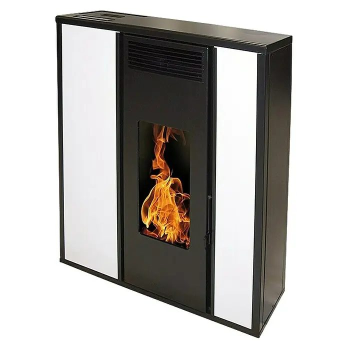 Pelletofen Tessa - 8,8 kW, Raumheizvermögen: 300 m³, 0,94 kg/h - 1,98 kg/h, Farbe Verkleidung: Weiß - Schwarzer Pelletofen mit weißen Seitenteilen und einem Fenster, das das Flammenspiel zeigt.