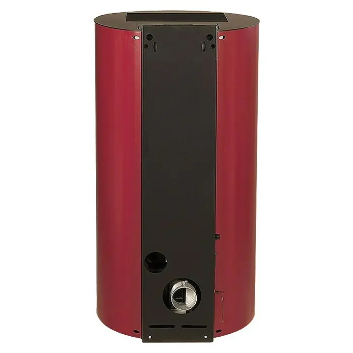 Pelletofen Paola 9 - 8,9 kW, Raumheizvermögen: 250 m³, 0,73 kg/h - 1,96 kg/h, Farbe Verkleidung: Bordeaux - Rückansicht eines roten Pelletofens mit schwarzer Rückwand, der einen Anschluss für einen Rauchabzug hat.