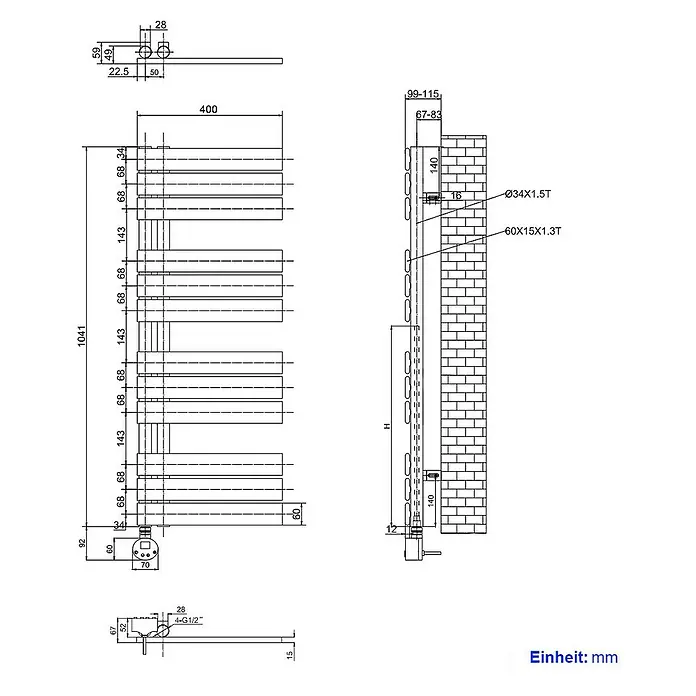 Emke Elektro-Badheizkörper Flachrohr Handtuchwärmer Calida - B x H: 40 x 104 cm - Abbildung eines Heizkörpers mit Maßen, der an einer Wand montiert ist.