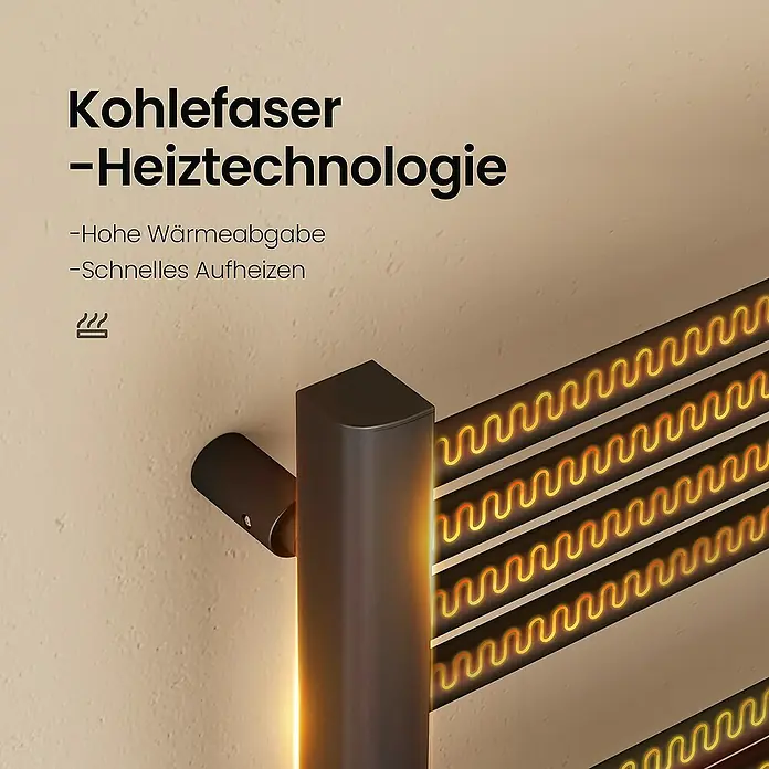 Emke Elektro-Badheizkörper Smart Steuerung Caldo - B x H: 40 x 120 cm - Nahaufnahme eines Handtuchwärmers mit Kohlefaser-Heiztechnologie für hohe Wärmeabgabe und schnelles Aufheizen.