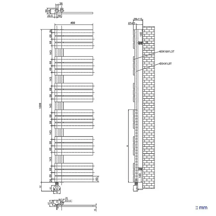 Emke Elektro-Badheizkörper Flachrohr Handtuchwärmer Calida - B x H: 40 x 160 cm - Abbildung eines Heizkörpers mit Maßen und technischen Details.