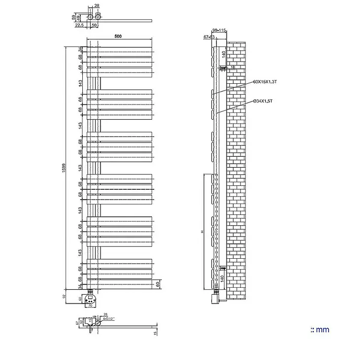 Emke Elektro-Badheizkörper Flachrohr Handtuchwärmer Calida - B x H: 50 x 160 cm - Eine detaillierte Zeichnung eines Heizkörpers mit Maßangaben, einschließlich Höhe, Breite und Wandabstand.