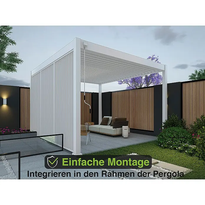 Weide Pergola Lamellenwand Weiß - B x T: 93 x 6 cm, Aluminium - Eine moderne, weiße Pergola mit Lamellenwand. Der Text betont die einfache Montage und Integration in den Rahmen der Pergola.