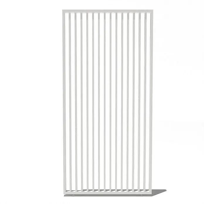 Weide Pergola Lamellenwand Weiß - B x T: 93 x 6 cm, Aluminium - Ein weißes Raumteiler-Gitter steht auf einem weißen Hintergrund. Das Gitter ist rechteckig und hat vertikale Stäbe.