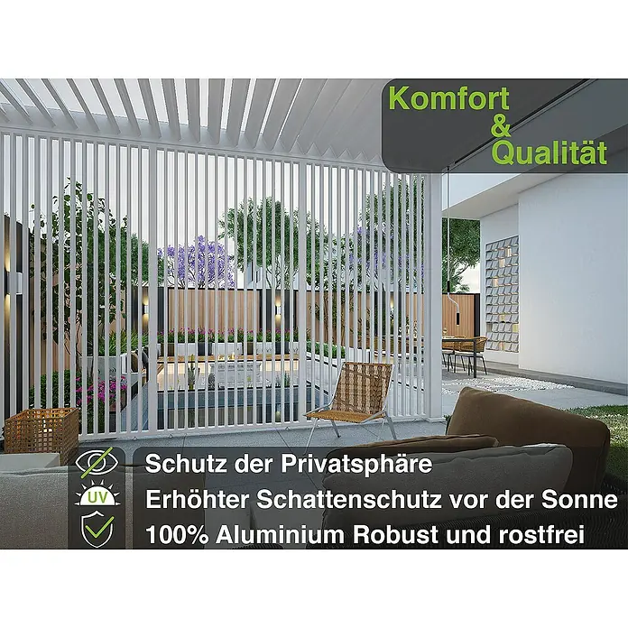 Weide Pergola Lamellenwand Weiß - B x T: 93 x 6 cm, Aluminium - Bild einer modernen Aluminium-Pergola, die Privatsphäre und Sonnenschutz bietet und robust sowie rostfrei ist.