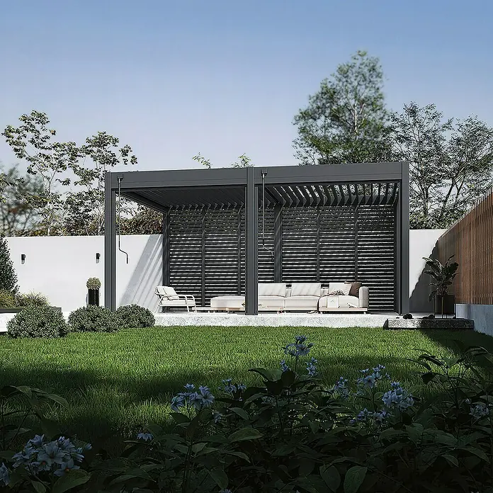 Weide Pergola Lamellenwand Anthrazit - Aluminium - Moderner Pavillon mit Lamellendach und stilvollen Gartenmöbeln auf einer gepflegten Rasenfläche.
