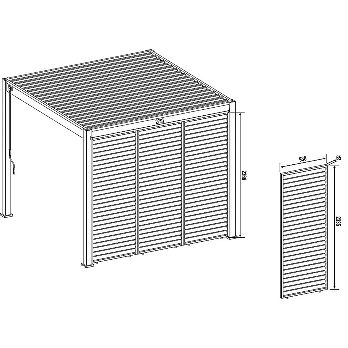 Weide Pergola Lamellenwand Anthrazit - Aluminium - Abbildung eines Pavillons mit Lamellenwänden und Maßangaben, die die Konstruktionsdetails hervorheben, wie Höhe und Breite.