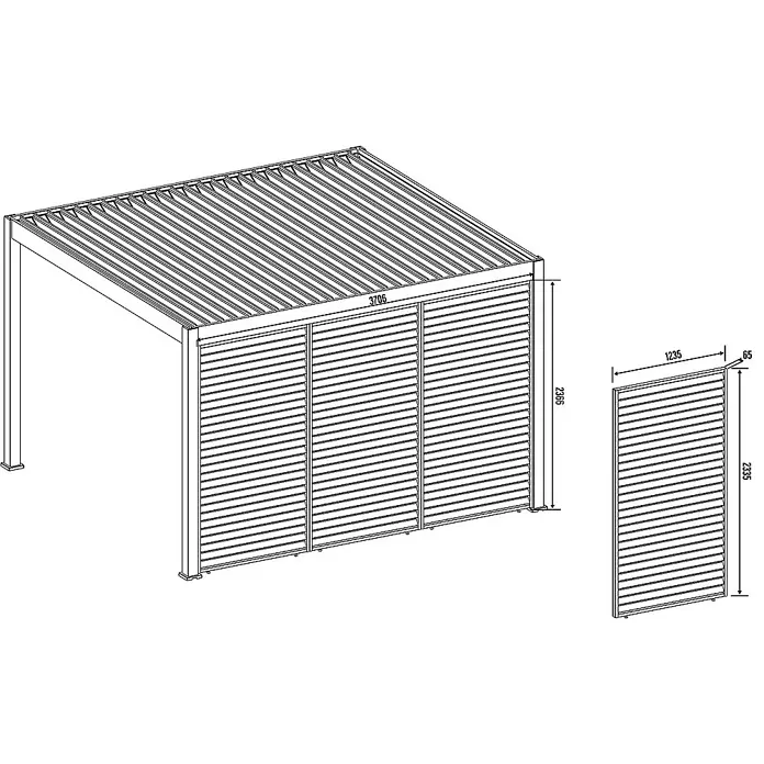 Weide Pergola Seitenwandpaneel Weiß - B x T: 113 x 6 cm, Aluminium - Schemazeichnung eines Pavillons mit Lamellenwänden und Dach, detailliert mit Maßen und technischer Darstellung für Montage und Design.