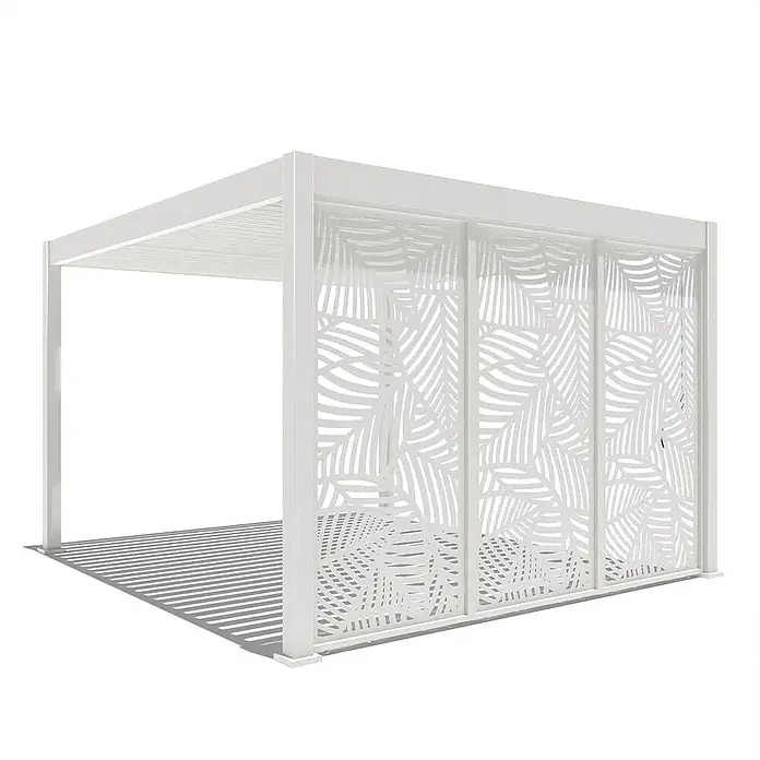 Weide Pergola Seitenwandpaneel Weiß - B x T: 113 x 6 cm, Aluminium - Bild eines weißen Pavillons mit Blattmuster-Design. Das moderne Design bietet Schatten und verleiht jedem Außenbereich eine elegante Note.