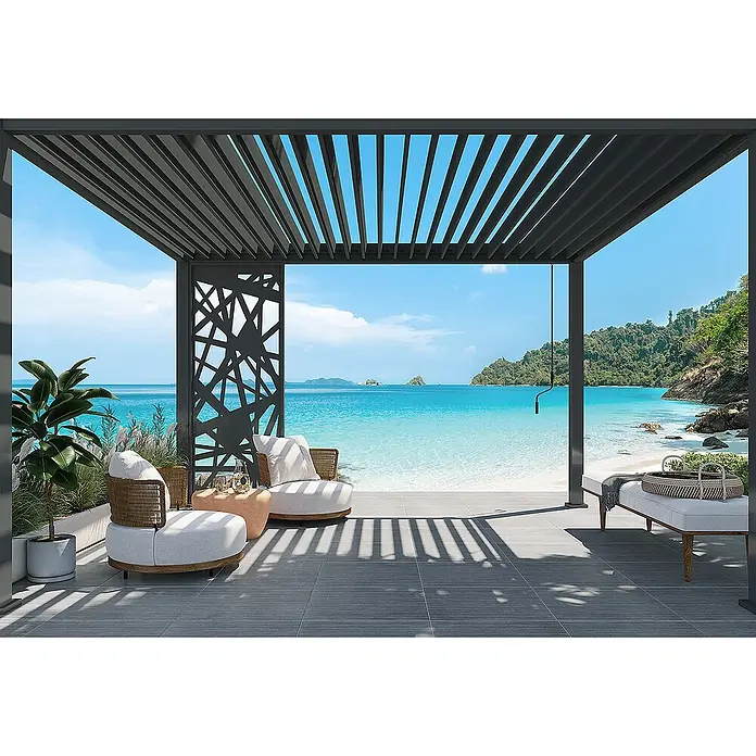 Weide Pergola Seitenwand Anthrazit - B x T: 123 x 6 cm, Aluminium - Gemütlicher Sitzbereich im Freien mit stilvoller Pergola und Blick auf den Strand. Entspannung pur unter dem schattenspendenden Designelement.