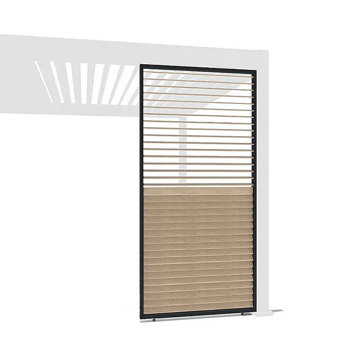 Weide Pergola Lamellenwand Holzoptik - B x T: 123 x 6 cm, Aluminium - Nahaufnahme einer Pergola mit verstellbaren Lamellen für Schatten und Wetterschutz, ideal für den Außenbereich.