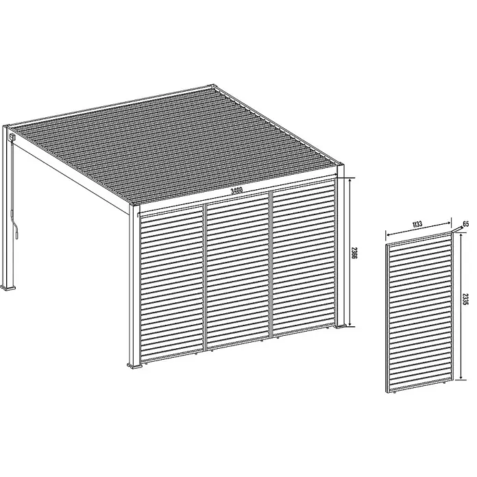 Weide Pergola Lamellenwand Holzoptik - B x T: 123 x 6 cm, Aluminium - Schemazeichnung des Pavillons mit Maßen, die seine Konstruktionselemente hervorheben, wie z.B. Paneele und Abmessungen.