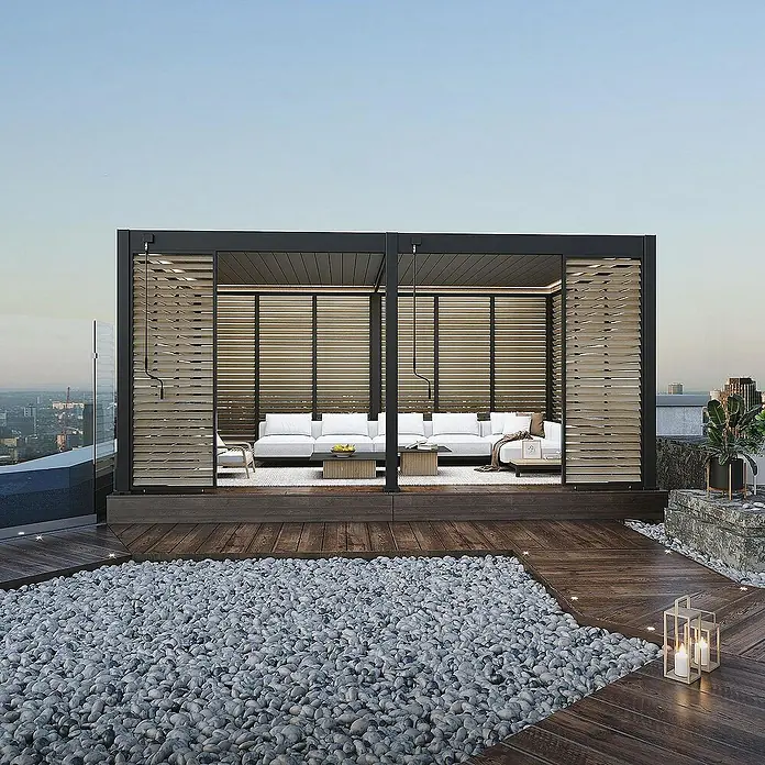 Weide Pergola Lamellenwand Holzoptik - B x T: 123 x 6 cm, Aluminium - Stilvolle Terrassenüberdachung mit Lamellenwänden und gemütlicher Lounge-Möblierung für entspannte Stunden im Freien. Moderne Gestaltung mit Kiesbereich.