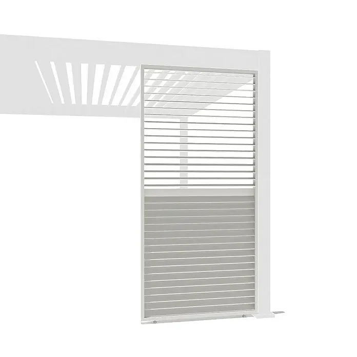 Weide Pergola Lamellenwand Weiß - B x T: 113 x 6 cm, Aluminium - Detailaufnahme einer weißen Terrassenüberdachung mit verstellbaren Lamellen, die Schatten spenden und Privatsphäre bieten. Das moderne Design fügt sich nahtlos in jeden Außenbereich ein.
