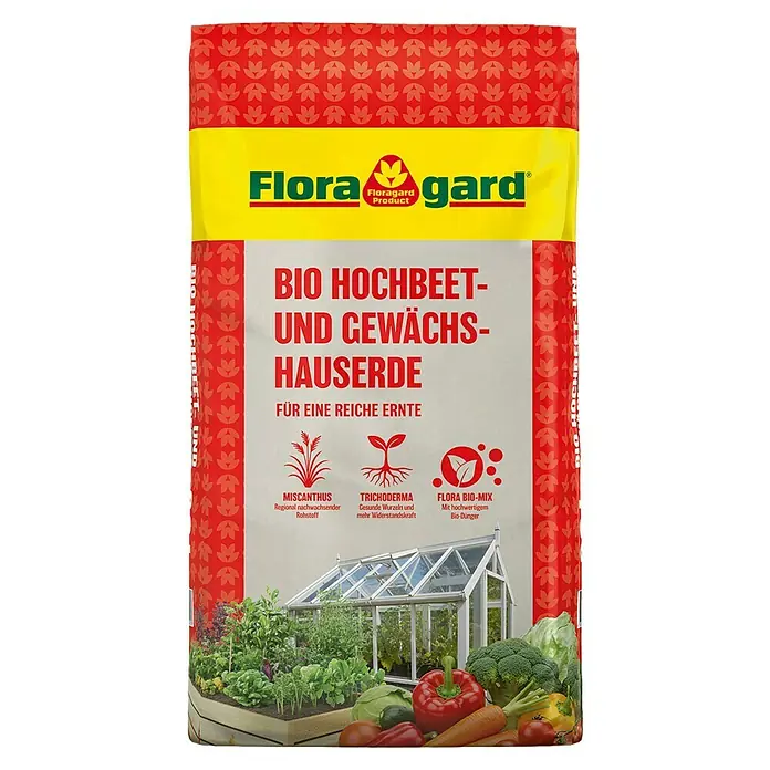 Floragard Bio-Hochbeeterde - 60 l - Floragard BIO Hochbeet- und Gewächshauserde für eine reiche Ernte, mit Miscanthus, Trichoderma und Flora Bio-Mix für gesundes Wachstum.