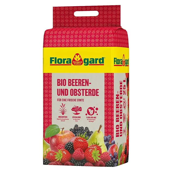 Floragard Obst- & Beerenerde Bio - 25 l - Abbildung einer Packung FloraGard Bio Beeren- und Obsterde (25L), ideal für eine reiche Ernte von Beeren und Obst.