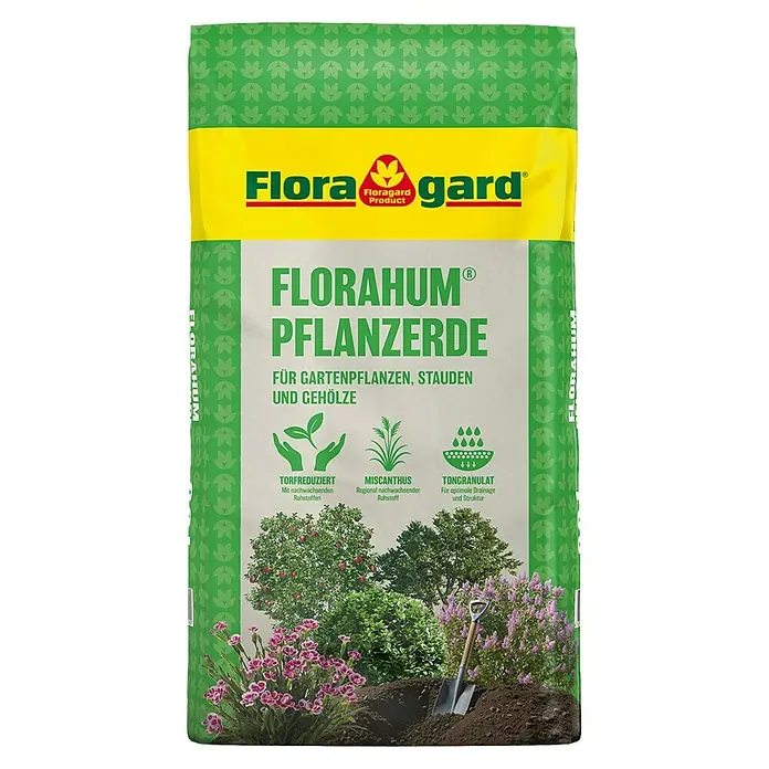Floragard Zimmerpflanzenerde Florahum - 60 l - Eine Packung Florahum Pflanzerde, torfreduzierte Blumenerde für Gartenpflanzen, Stauden und Gehölze mit Miscanthus und Tongranulat.