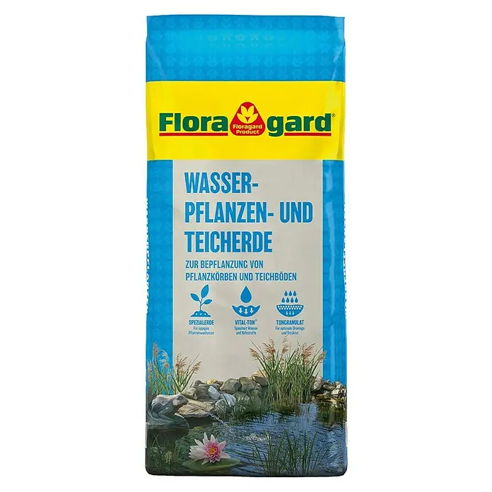Floragard Wasserpflanzen- & Teicherde - 18 l - Bild einer Packung Floragard Wasserpflanzen- und Teicherde mit den Produkteigenschaften und einer Abbildung eines kleinen Teichs.