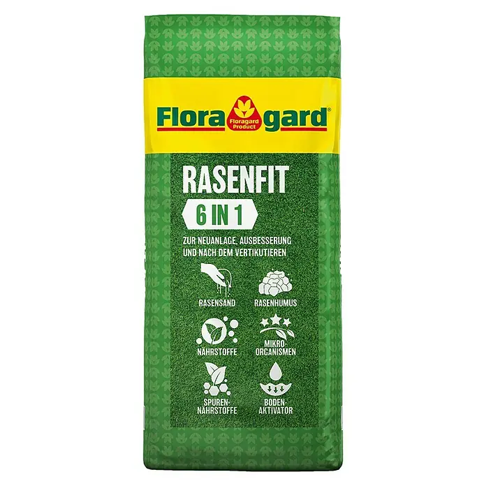 Floragard Rasenerde Rasen-Fit 6 in 1 - 18 l - Abbildung einer Packung Flora Gard Rasenfit 6 in 1, ein Produkt zur Rasenverbesserung mit Rasensand, Rasenhumus, Nährstoffen und Bodenaktivatoren.