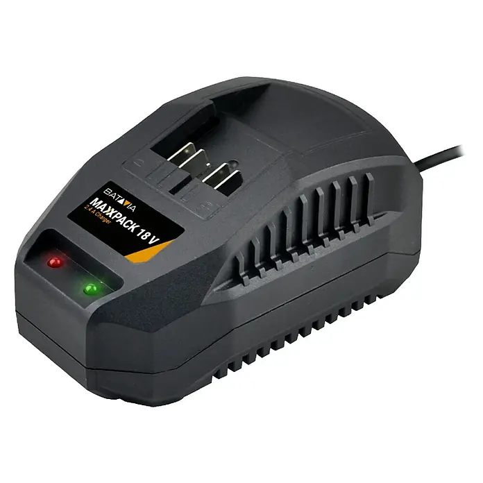 Batavia Maxxpack Cargador de baterías - 18 V, Específico para: Herramientas de batería Batavia - Imagen de un cargador Batavia Maxxpack 18 V 2.4 A, ideal para cargar baterías. El cargador es negro y tiene ranuras de ventilación.